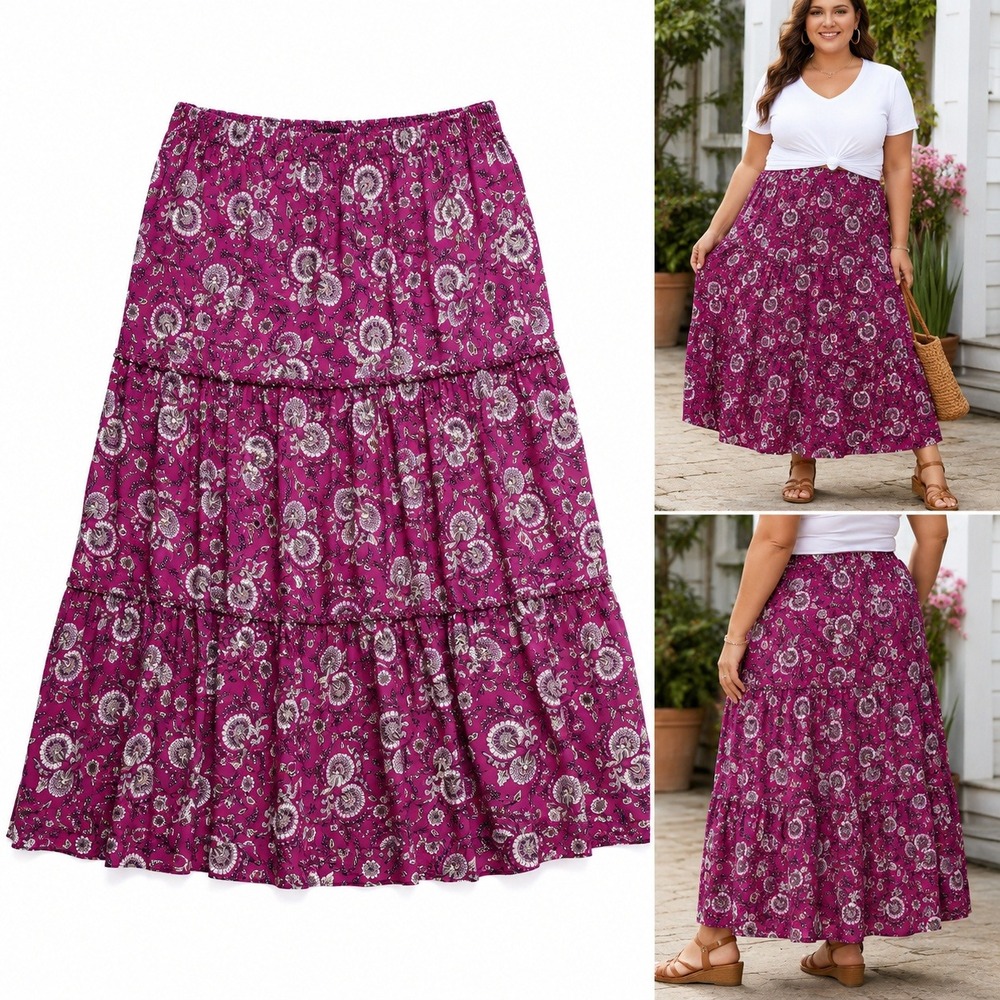 Lane Bryant Skirt 18/20 Fuchsia Purple Floral Tiered Maxi Boho Rayon Plus Size